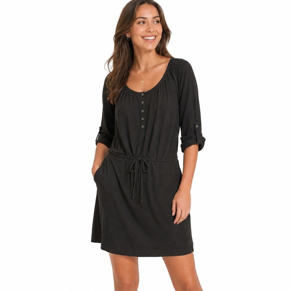 Old Navy Dress Womens Small Black Henley Drawstring Waist Roll Tab Sleeve Mini